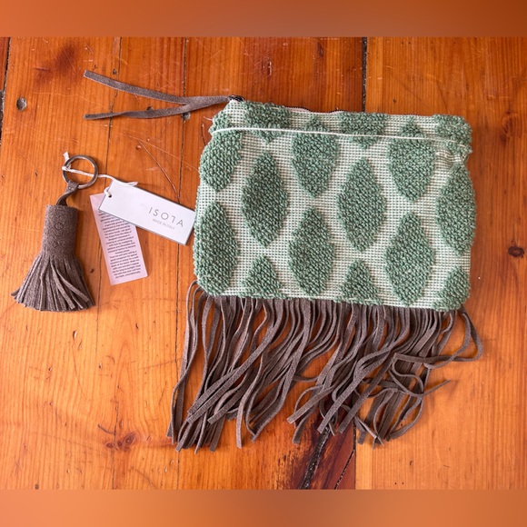 Isola handmade in Italy clutch purse sage green chenille with leather fringe - Picture 9 of 9